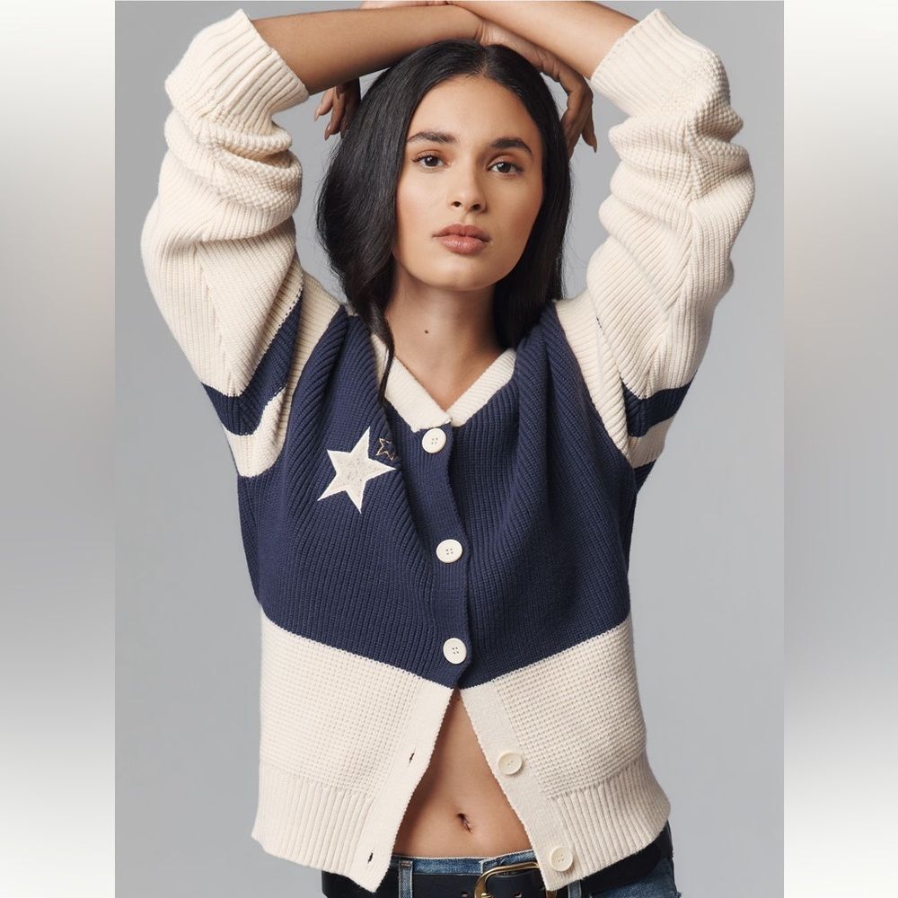 Anthropologie Daily Practice Embroidered Quarterback Cardigan Sweater
